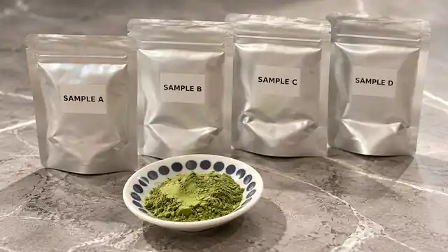 Japanese matcha sample pouches and prepared display for selection and wholesale evaluation
