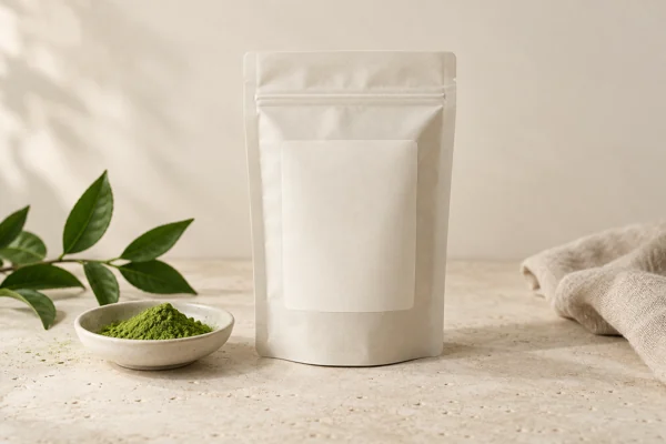 Neutral matcha pouch packaging concept without customer branding
