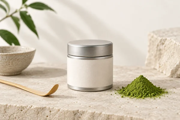 Neutral matcha tin packaging concept without customer branding